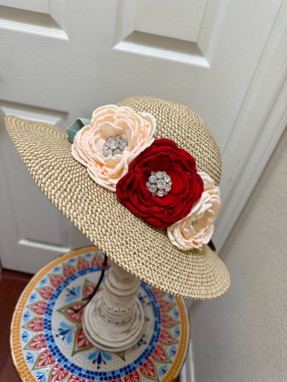 Elegant Women's Tweed Sun Hat With Satin Flowers And Pearls Wedding Tea Party